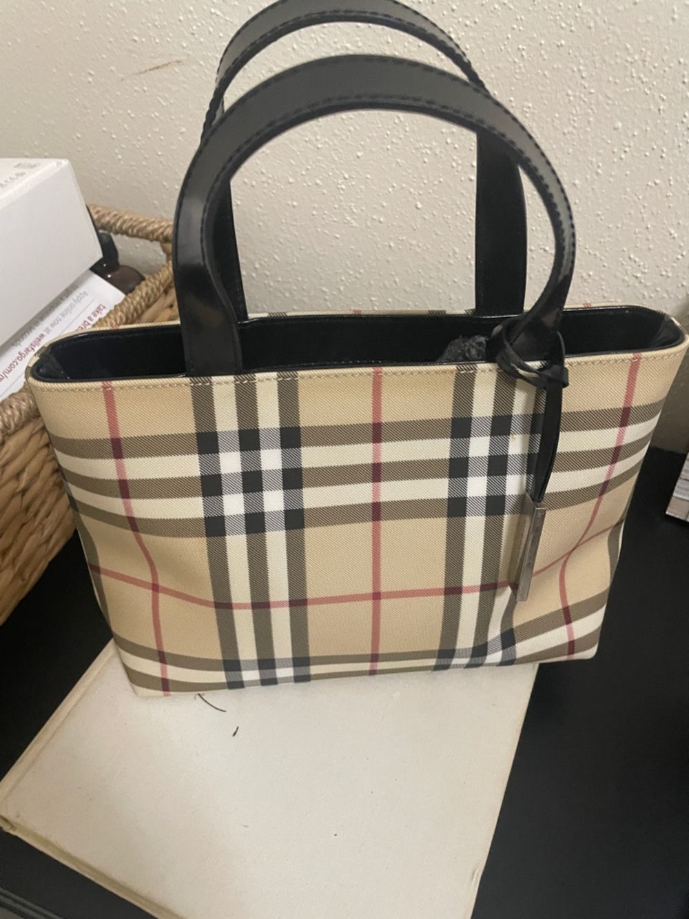 Burberry Beige Check Mini Tote with Black Handles